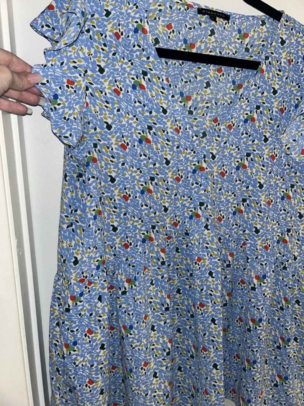 Staccato Blue Floral V-Neck Boho Cottagecore Flutter Sleeve Babydoll Top Large - Picture 3 of 6